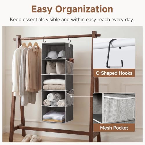 StorageWorks Hanging Closet Organizer for Small Closets, 5 Shelf | Add More Storage to Small Closets with 5 Reinforced Shelves, Perfect for Bedroom, Dorm and RV, Gray - Image 4