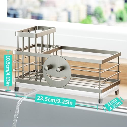 HapiRm Sink Caddy Sponge Holder - Self-draining Kitchen Sink Organizer with Smiley Face and Brush Holder, Stainless Steel Kitchen Organizer for Countertop - Brushed Nickel - Image 5
