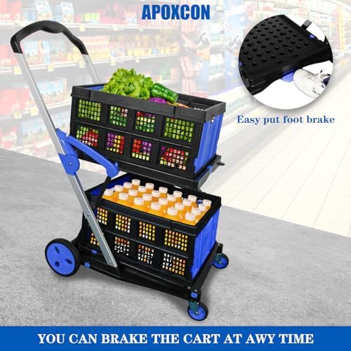APOXCON Shopping Cart with 2 Storage Crates, Multi Use Two Tier Collapsible Cart with 360° Rolling Swivel Wheels Heavy Duty Folding Trolley for Shopping, Picnic and Office - Image 2
