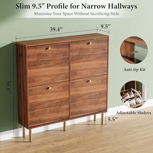 Nicetree Shoe Storage Cabinet for Entryway - 4 Flip Drawers Shoe Cabinet with Tiered Fluted Design - Slim Shoe Storage Rack with Gold Legs - Narrow Shoe Cabinet Hidden Shoe Organizer for Small Spaces - Image 2