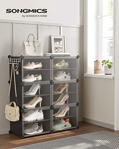 SONGMICS Shoe Rack, 6-Tier with Doors, 24-Pair Storage Cabinet | Shoe Organizer, Steel Frame, Plastic Panel, Bedroom, Entryway, Ink Black and Transparent, DAMION Collection ULPC033B01 - Image 2