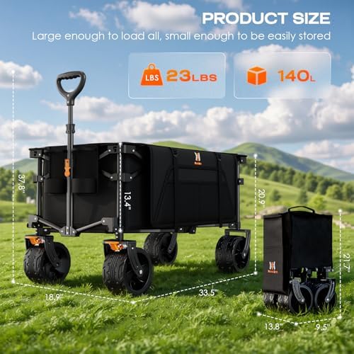 Navatiee Big Wheels Collapsible Wagon Cart Foldable, Heavy Duty Beach Wagon with Silent All-Terrain Wheels, Folding Utility Grocery Cart with Side Pocket and Brakes for Camping Garden Sports, Black - Image 6
