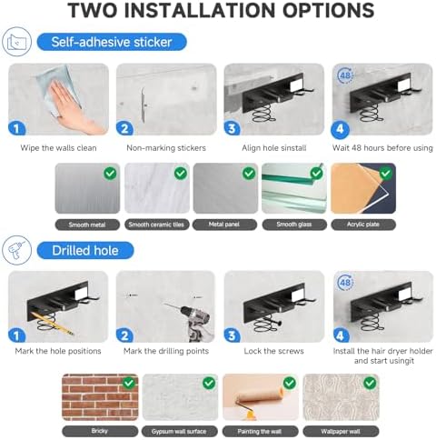 Hair Dryer Holder Wall Mounted,Blow Dryer, Curling Iron, Straightener Holder 3 in 1 Bathroom Metal Hair Tool Organizer Rack-BLACK-2 - Image 7