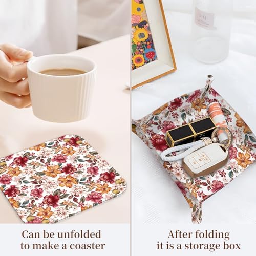PU Leather Jewelry Valet Tray, Portable Catchall Tray for Keys, Wallet, Watch,Travel Jewelry Tray Organizer for Nightstand Desk Entryway Home Decor Gift for Women Men Orange Flowers - Image 3