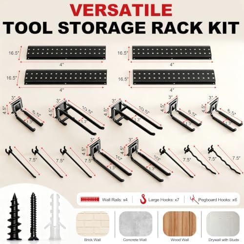 Garage Tool Organizer Wall Mount 66 inches with 13 Adjustable Heavy-Duty Hooks, Garage Organization, Garden Tool Storage Rack, Yard, and Shed, Holds Up to 520 lbs - Image 3