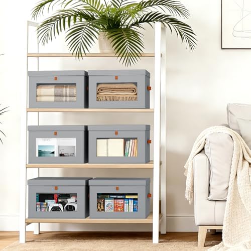 DIMJ Storage Bins with Lids - 6 Pack Fabric Closet Organizer with Window & Handles, Collapsible Decorative Storage Boxes for Shelves Under Bed, Books Clothes Blankets Sweaters Organization - Image 5
