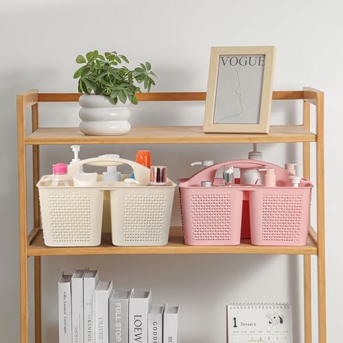 Plastic Portable Shower Caddy Basket with Handle, 3 Compartments, Beige - Image 3