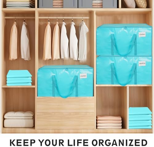 12 Pack-Extra Large Heavy Duty Moving Bags - Waterproof Storage Totes with Handles & Zippers, Foldable for College Dorm, Storage (lake blue) - Image 5