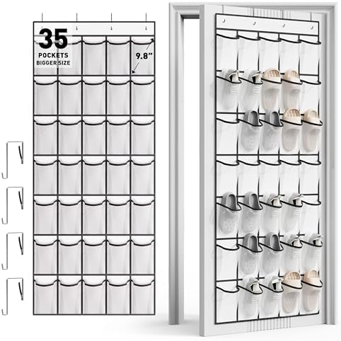 WVM Over the Door Shoe Organizer with 35 Breathable Mesh Pockets, Hanging Shoe Organizer for Door with 4 Metal Hooks, Large Capacity Closet Storage for Shoes, Accessories, White by WVM