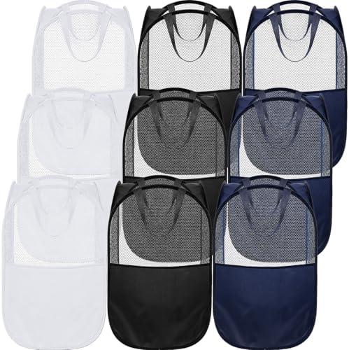 9Pcs Mesh Hamper Pop up Hampers for Laundry Foldable Laundry Basket with Sturdy Handles (Black/White/Blue) Dirty Clothes Baskets for Bedroom College Dorm Travel Storage by Unknown
