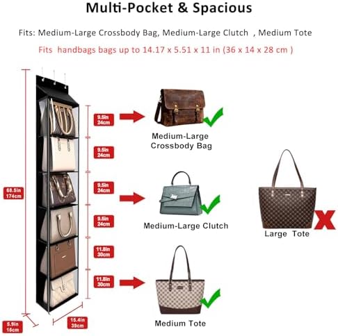 Lirex Over The Door Purse Organizer & Purse Shelf for Closet – Handbag Storage Organizer with Purse Hanger. Perfect for Scarves, Hats, and Leggings. L (15.7'' x 5.7'' x 68''), Black - Image 2