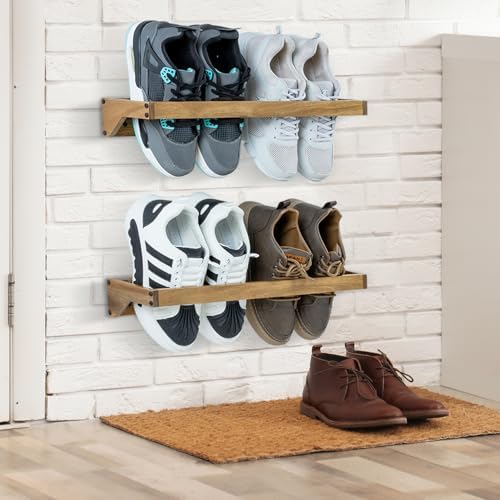 MyGift Set of 4 Premium Acacia Wood Wall Hanging Shoe Rack, Wall Mounted Space Saving Footwear Storage System for Closet, Mudroom, Entryway, Holds 8 Pairs - Image 5