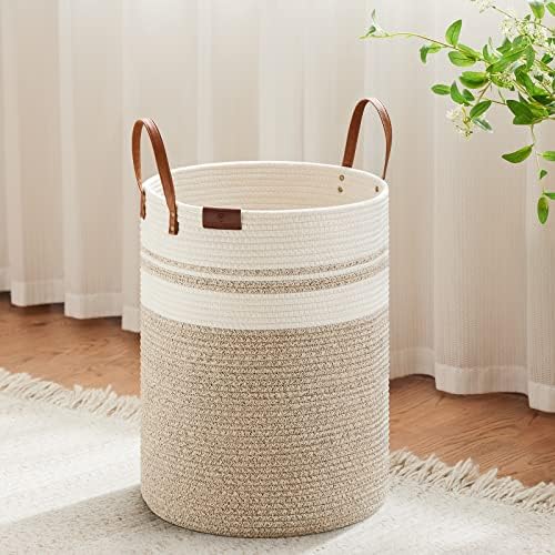 VIPOSCO 30L Small Woven Rope Laundry Hamper, Leather Handles, Brown & White by VIPOSCO