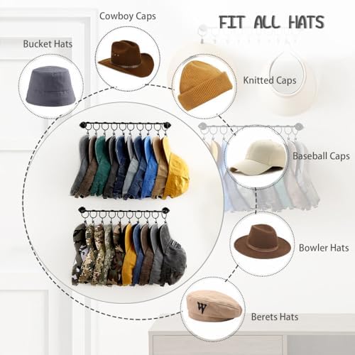 Hat Rack Wall Cap Organizer - Baseball Hat Racks Display Holder with 40 Hooks - Modern Metal Black Hats Storage Wall Mounted Caps Hanger Set of 4 for Closet Door Bedroom Entryway Laundry(Black) - Image 5