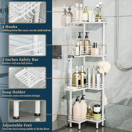 Consumest Corner Shower Caddy Standing - 4-Tier Stainless Steel Shower Organizer with Soap Holder and 4 Hooks, Large Capacity Corner Shelf Stand for Bathroom, Rest Room, White - Image 3