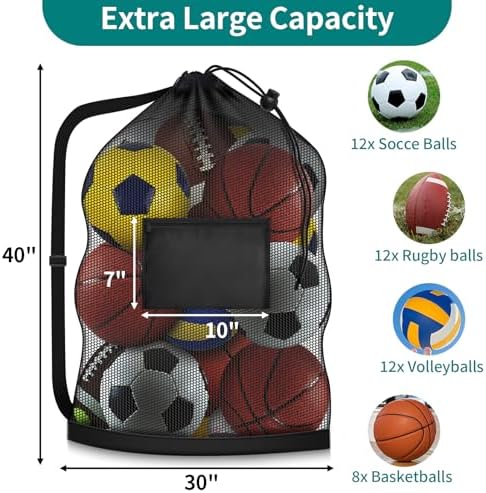 Hoiny Extra Large Soccer Ball Bag, 40"x30" Drawstring Heavy Duty Mesh Net - Image 2