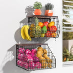 Fruit and Vegetable storage, 2 Set Wall Mounted Wire Baskets, Fruit Basket for Kitchen Counter, Hanging Fruit Basket, Potato Onion Basket, Wire Basket for Organizing, Countertop Organization Pantry by Wawocs