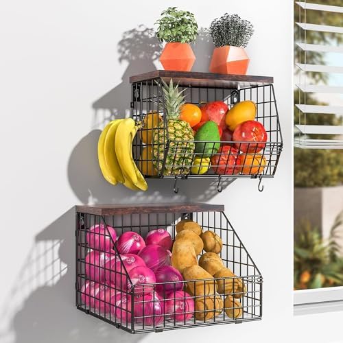 Fruit and Vegetable storage, 2 Set Wall Mounted Wire Baskets, Fruit Basket for Kitchen Counter, Hanging Fruit Basket, Potato Onion Basket, Wire Basket for Organizing, Countertop Organization Pantry by Wawocs