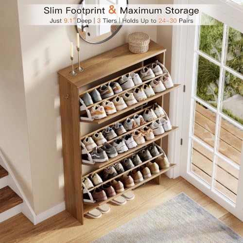 Nicetree Shoe Cabinet for Entryway, 3 Flip Drawers Shoe Storage Cabinet with 3-Tier Adjustable Shelves, Ultra Slim Freestanding Hidden Shoe Organizer with Barn Door Design, Caramel Brown - Image 5