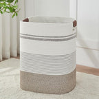 AINUOQI Laundry Hamper - Tall Woven Rope Laundry Basket - Clothes hamper with Leather Handles, 17" X 13.8" X 22", Blanket Storage Basket for Living Room, Rice Brown & White by AINUOQI