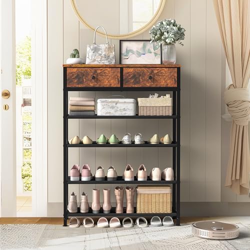 usikey Shoe Rack, 5 Tier Shoe Storage Organizer with 2 Drawers, Metal Shoe Shelf for 12-16 Pairs of Shoes, with 4 Oxford Fabric Shelves and Wooden Top, Shoe Stand for Closet Entryway, Rustic Brown - Image 2