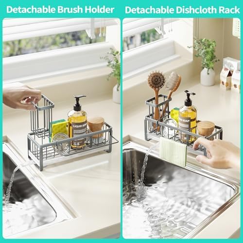 HapiRm Sponge Holder for Kitchen Sink - Self-draining Sink Caddy with Brush and Dishcloth Holders, Stainless Steel Kitchen Organizer for Countertop - Grey - Image 3
