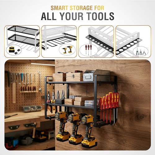 3-Layer Power Tool Organizer Wall Mount, Garage Wall Tool Organizer with Drill Holder, Heavy Duty Metal Shelf for Garage & Workshop - Image 3