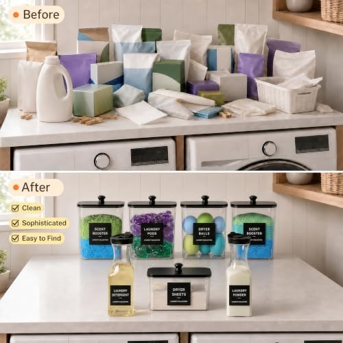 5+2 Pack Laundry Pods Containers & Dryer Sheet Holder & Laundry Detergent Dispenser, Laundry Room Organization and Storage Jars with Lids, Labels and Scoops for Scent Booster, Powder, Pods - Image 4
