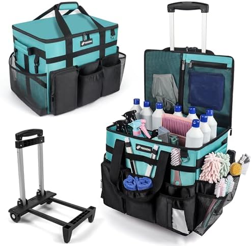 Rolling Cleaning Caddy Bag with Wheels, Large Cleaning Cart Detachable Trolley, Cleaning Bags for Housekeepers With Shoulder Strap & Multi Pockets for Cleaning Tools Storage (Amber Green) by Unknown