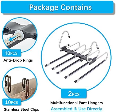 Magic Pants Hangers Space Saving - 2 Pack for Closet Multiple Layers Multifunctional Uses Rack Organizer for Trousers Scarves Slack (2 Pack with 10 Metal Clips) - Image 4