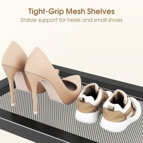 SAYZH Expandable Shoe Rack for Closet, Adjustable Metal Shoe Organizer with Sturdy Mesh Shelves for Boots & Heels, Stackable Shoe Storage for Entryway, Garage, Small Spaces (Black, 2-Tier) - Image 5