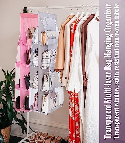AARAINBOW 2 Packs Hanging Handbag Purse Organizer, Hanging Hand Bag Organizer Wardrobe Closet Purse Holder, 8 Pockets, 43.3L x 14.1W (B Gray Light Pink) - Image 3