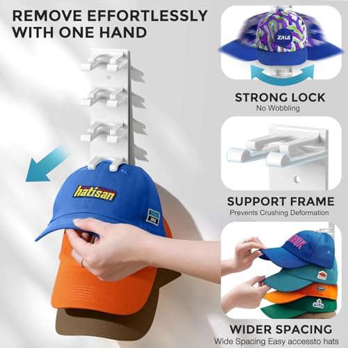 Hat Organizer for Baseball Caps Wall, 2 Pack Hat Holder for Closet Door Hold up to 16 Hats,Hat Hook with Adhesive and 8 Screws, Hat Hanger Cap Holder Hat Hangers for Wall Closet Door Bedroom(A-White) - Image 2