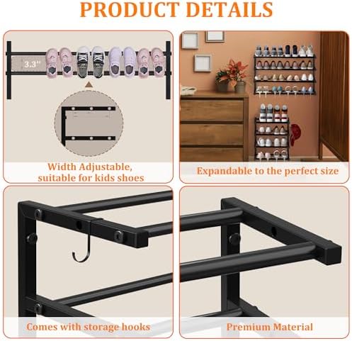 2 Pack Wall Mounted Shoe Rack, 4 Tier Hanging Shoe Rack Holds 32 Pairs, 17"-30"Adjustable Heavy Duty Wall Shoe Shelf with 4 Storage Hooks, Space Saving for Closet Entryway, Black, Patent Pending - Image 6