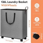 SpaceTrove Rolling Laundry Basket with Wheels, Laundry Hamper, 136L, Grey - Image 2