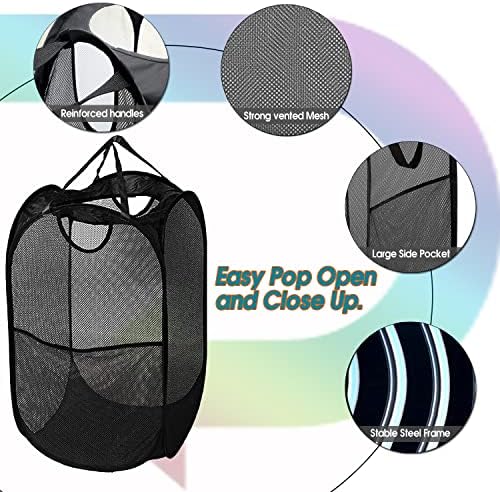 BATTOO Deluxe Collapsible Laundry Baskets Mesh Pop Up Hampers for Laundry with Side Pocket Reinforced Handles for Laundry Room, Bathroom, Kids Room, College Dorm or Travel Black - Image 3