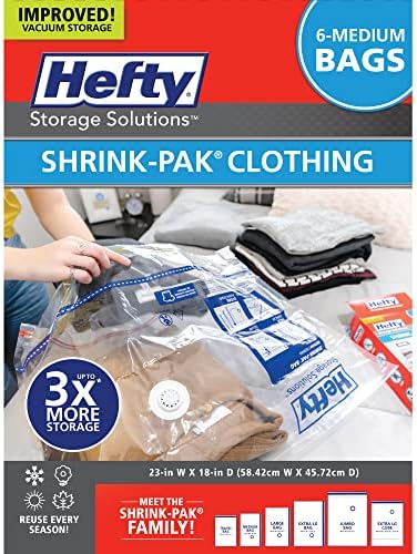 Hefty Shrink-Pak Vacuum Storage Bags - Space Saver for Under Bed Storage, Clothing and Comforters, 3X More Storage Space, 6 Medium Zipper Bags by HeftyShrinkPak