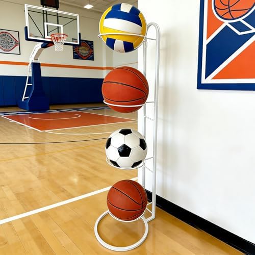 Ball Storage Rack, White Metal, 4-Tier Vertical Organizer for Basketball, Soccer, Volleyball, Sports Equipment Holder (4-Tier) by Unknown