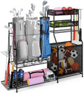 Garage Sports Equipment Organizer,3 Golf Bags Storage Stand,Heavy-Duty Ball Storage Rack with Basket and Hooks,Space-Saving Design for Toy Sports Gear Storage Indoor/Outdoor Use by BOEASTER