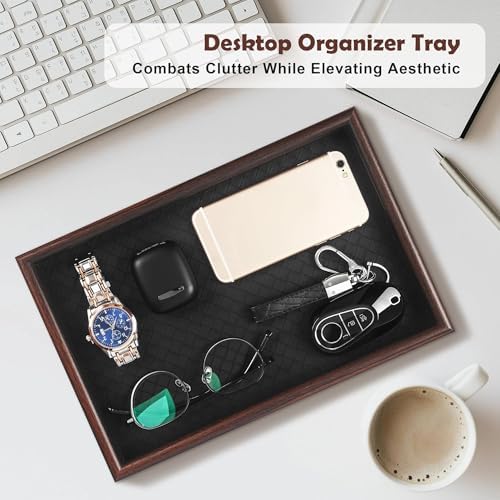 Wooden Valet Tray with Leather Base - Nightstand Catchall Organizer for Cologne, Perfume, Keys, Wallet, Phone, Watch, Jewelry & Sunglasses (Black) - Image 2