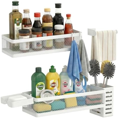 PUSDON 5-in-1 Wide Wall Mount Wrapped Mesh Kitchen Organizer & Shower Caddy Kit, with Paper Towel Holder, Utensil Holder, Soap Dish, Heavy Duty 50LBS - White, Netting by PUSDON