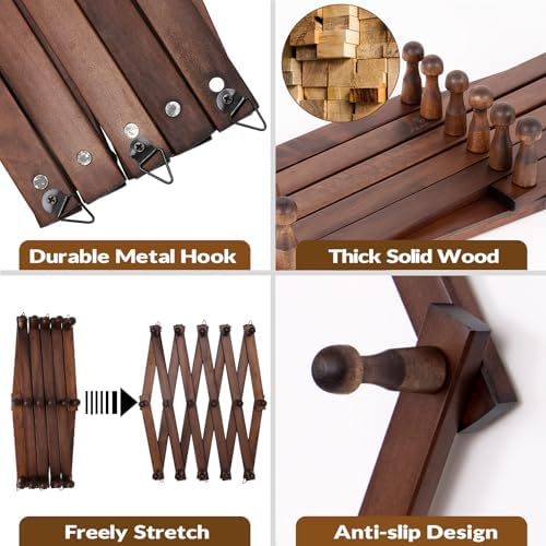 SCUNDA Hat Rack for Wall, Expandable Wall Hat Holder with 16 Hooks, 16 inch Wooden Wall Hook for Baseball Caps,Cowboy, Bag,Hoodie(Brown) - Image 2