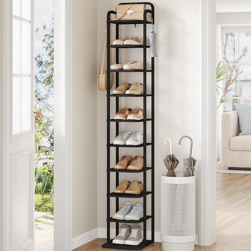 Hzuaneri Vertical Shoe Rack, Shoe Shelves, Wood Shoe Organizer for Closet, Entryway, Shoe Tower for Small Spaces, Free Standing, Adjustable, with 2 Hooks, 10 Tier Black SR11204B by Hzuaneri