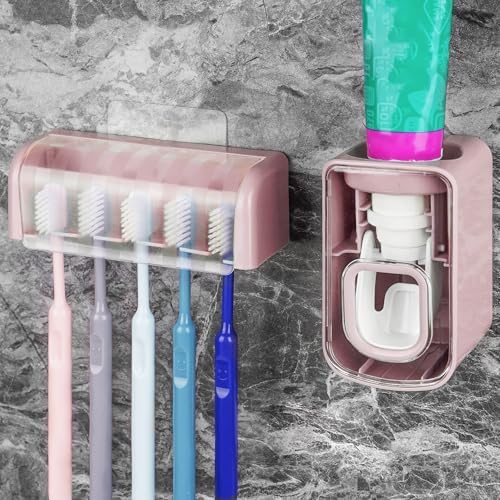 5 Slots Wall Mount Toothbrush Holder with Cover, Self Adhesive Toothbrush Storage Organizer for Shower, Toothbrush Hanger with Automatic Toothpaste Squeezer Dispenser (Pink) by LUEXBOX