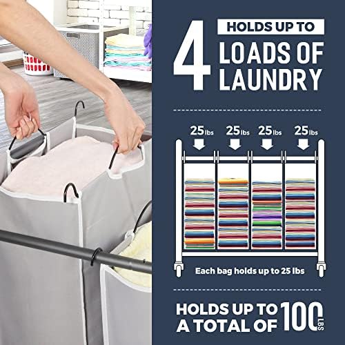 STO STO Laundry Sorter 4 Section, 4 Bag Clothes Hamper, Rolling Laundry Cart Basket with Heavy Duty Lockable Wheels and Removable Bag for Laundry Room, Bedroom, Closet, Gray - Image 4