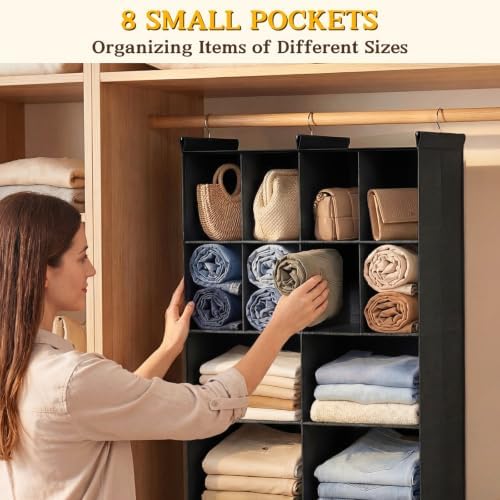 4 Tier Hanging Closet Organizer, 12 Compartments Dual Row Storage, Black | Closet Organizers and Storage with Large & Small Cubbies, 3 Sturdy Hooks Support Heavy Loads, for Dorm, RV, Garment Rack - Image 5