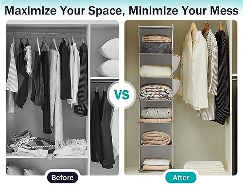 Hanging Closet Organizer and Storage, 6-Shelf, 2 Packs, Light Grey | Breathable Fabric, 2 Side Pockets, Clothes Organizer, Hanging Shelves, Closet Storage, College Dorm Room Essentials for Guys - Image 7