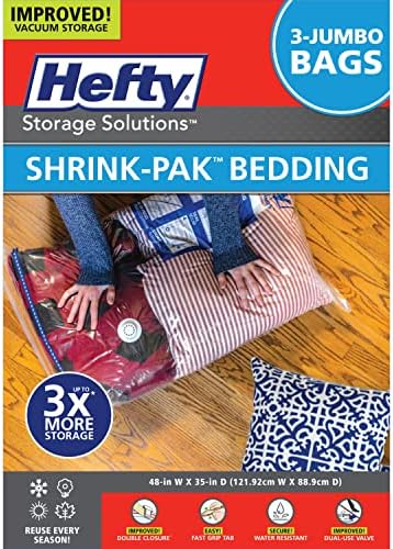 Shrink-Pak Space Bags Vacuum Storage Bags for Bedding Jumbo Compression 54 Pack Clear for Comforters Blankets (3 Jumbo/Bedding Solo) by HeftyShrinkPak