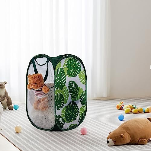 TECHMILLY Collapsible Mesh Pop Up Laundry Hamper with Sturdy Handles and Side Pocket - Portable Foldable Clothes Baskets for Dorm, Bathroom & Travel Storage (Green Leaf) - Image 6