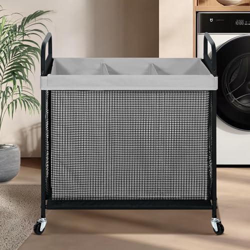 STO STO Laundry Hamper 3 Section, 120L Rolling Laundry Sorter Cart with Removable and Washable Liner Bag, Clothes Hamper with Wheels and Metal Handle for Laundry Room and Bedroom, Gray - Image 2